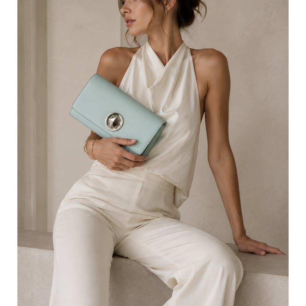 Kate Spade Mint Green Leather Square Clutch Handbag Purse Silver Hardware